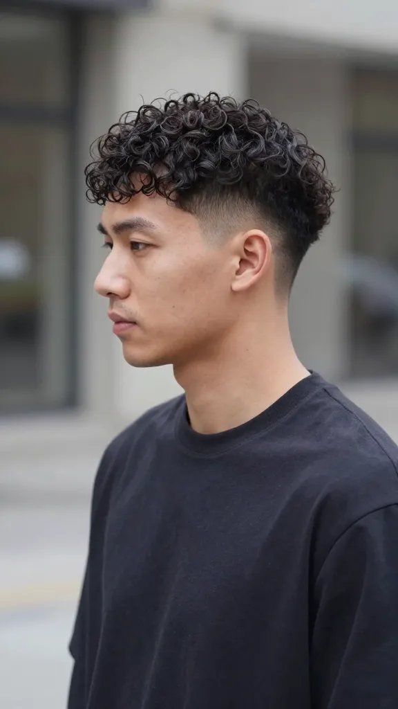 A realistic, high-quality photo of a stylish man with a classic crew cut that shows a clean, tapered back and sides, and a textured, curly top. The curls on top should be defined and voluminous, with a subtle, natural shine, giving a tidy yet rebellious vibe. The subject stands in a modern urban setting, dressed in a sleek, minimal outfit (fitted dark t-shirt and smart-casual jacket or clean hoodie) suited for daily routines, exuding confidence and approachability. Lighting is soft and natural, highlighting the contrast between the sharp, neat sides and the curled texture on top. The background is slightly blurred to keep the focus on the head and haircut, with no visible text or logos.