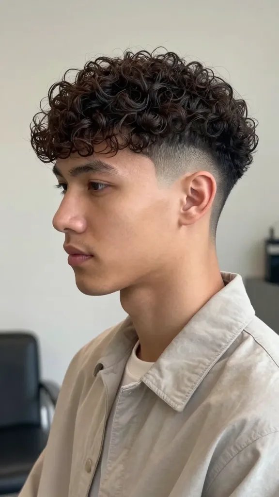 A high-resolution, realistic portrait of a stylish man with curly hair, styled in a layered crown with a crisp low fade at the sides. The subject should have defined, lift-filled curls on top, with subtle layering that creates texture and dimension. The fade is clean and seamless from the temples down to the nape. The look should appear effortless yet polished, with the curls catching soft light to emphasize their definition and volume. He wears a well-fitted, neutral-colored shirt or jacket that complements the hairstyle without drawing attention away from the hair. The setting is a clean, modern studio with a shallow depth of field, soft, natural lighting, and a minimal background to keep focus on the hairstyle. No text on the image.