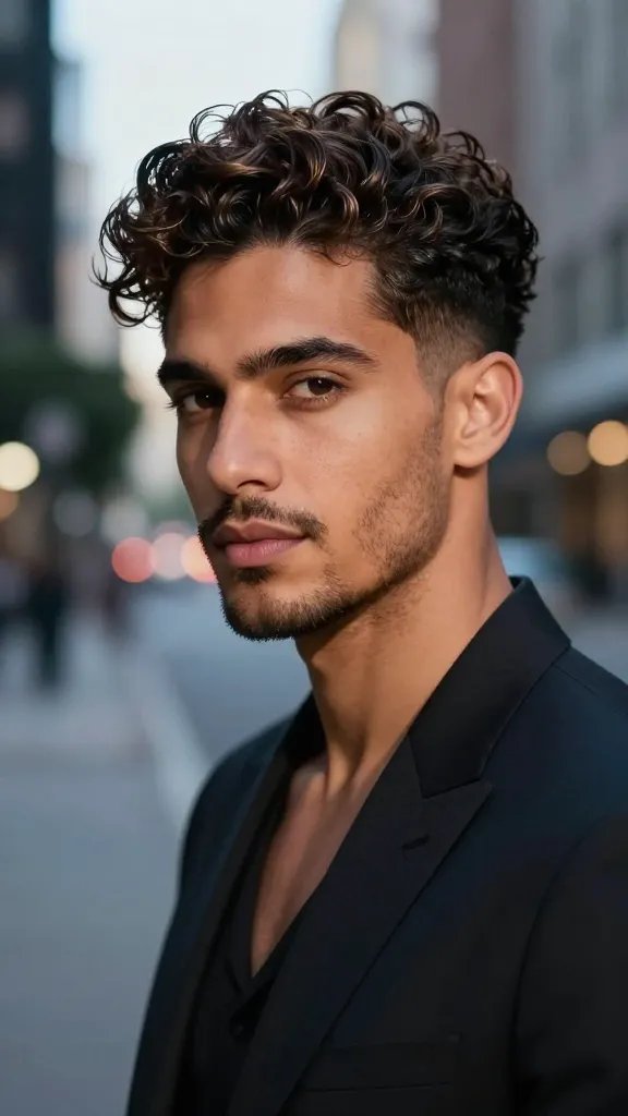A high-resolution, photorealistic portrait of a stylish man with curly hair styled into a sleek pompadour that blends seamlessly with a subtle, gradual fade on the sides. The top features well-defined curls with a glossy, matte finish that catches light, giving a refined yet expressive look. The subject has a confident, relaxed pose, standing in an urban city setting at dusk with soft bokeh lights in the background. Warm skin tones, natural makeup-free complexion, and subtle beard shadow. The lighting highlights the sheen and texture of the curls, showing movement as if just tipped by a gentle breeze. The overall vibe is modern, date-night ready, with a quiff-friendly length on top and a clean, elegant silhouette. No text in the image.