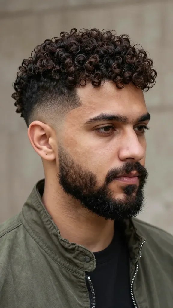 A high-resolution, realistic portrait of a man with curly hair and a tapered fade that blends seamlessly into the sideburns, a well-groomed beard shaping his jawline for balanced facial features. The subject stands in a natural, softly lit setting with a rugged yet polished vibe&mdash;casual jacket, neutral-toned backdrop, subtle textures in the background. The hair showcases distinct, well-defined curls on top that gradually taper down into clean fades at the sides, while the beard is neatly trimmed and proportionate, creating harmony between hair and facial hair. The lighting highlights the texture of the curls, the sharpness of the taper, and the definition of the beard, with a confident, approachable expression that conveys a fresh, put-together appearance without looking overly styled. Realistic skin tones, detailed hair texture, and natural shadows to emphasize the balance between beard and haircut. No text on the image.