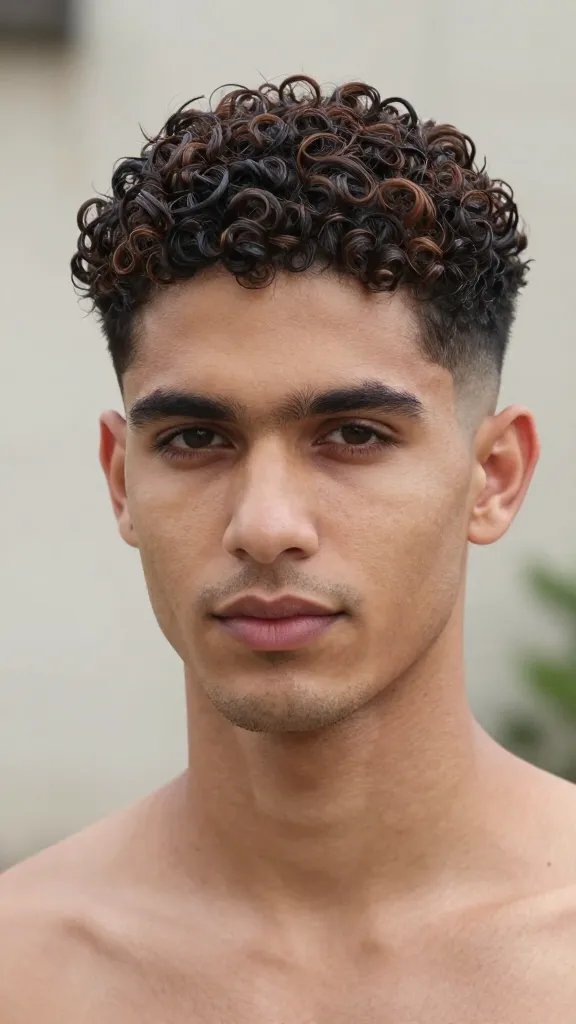 A high-resolution, ultra-realistic portrait of a stylish man with a full head of natural curly hair, featuring a subtle yet sharp low fade along the sides that blends seamlessly into textured, natural waves on top. The subject stands in soft natural lighting outdoors, with a neutral, slightly blurred background that emphasizes the hair and facial features. The curls on top are defined and bouncy, showing a relaxed wave structure, while the fade remains crisp at the temples and nape. The man has a calm, confident expression, clean skin texture, and light stubble. Subtle moisture on the curls highlights hydration without frizz, and there is a gentle gloss to the hair to enhance the wave patterns. The overall vibe is polished and effortless, suitable for a fashion or grooming editorial, with realistic skin tones and natural shadows. No text, no logos, just a single subject centered in the frame.
