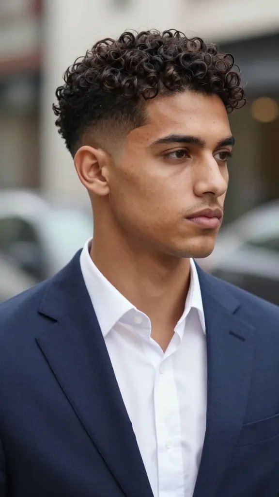 Create a high-resolution, realistic photo of a stylish man with curly hair styled in a deep side part, complemented by a subtle fade on the sides. The subject should be a confident, well-groomed man in his late 20s to early 30s, wearing a sharp, modern outfit suitable for work or a night out (e.g., a tailored blazer over a clean shirt). The deep part line should be clearly defined and aligned with the natural hair growth, with neatly trimmed edges and a precise, clean silhouette. The lighting should be natural yet cinematic, highlighting the curl texture and the smooth fade, with a softly blurred urban background suggesting a professional environment. The overall mood should convey sophistication and approachability, capturing the hairstyle described in the article without any text overlay.