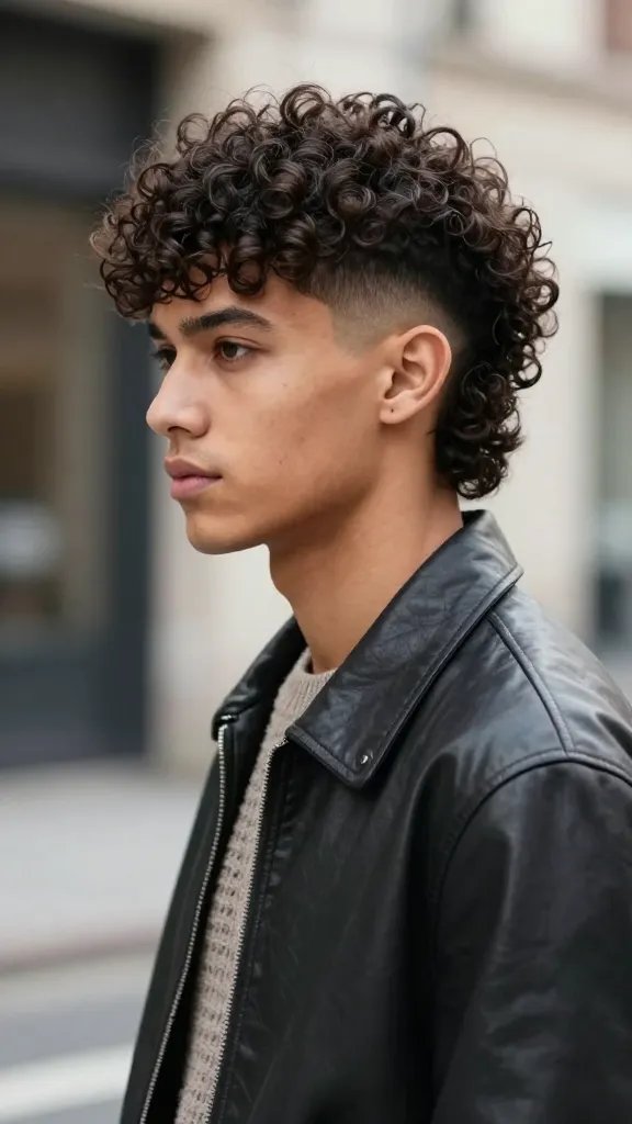 A high-definition, realistic male portrait featuring a fashion-forward model with a curly mullet modern fade. The hairstyle has longer, voluminous curls at the back transitioning into a tight, precise fade that narrows toward the nape. The model stands in a stylish, urban setting with soft, natural lighting highlighting the curl texture and the clean fade line. The subject sports a confident, stylish expression and is dressed in a contemporary outfit (e.g., well-fitted leather jacket or textured knit sweater) that complements the bold, fashion-forward vibe. Slight bokeh in the background to keep focus on the hair, with natural skin tones and detailed curl definition throughout. No text or logos on the image.
