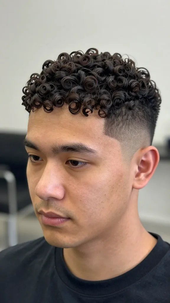 A realistic high-quality portrait of a man with a short S-shaped curl pattern and a clean, low fade, captured in a polished yet relaxed style. The subject should have soft, well-defined curls forming a gentle S-shape on top, with a subtle taper into a neat low fade along the temples and back. Natural lighting highlights the curl texture and face framing, with a neutral blurred background that emphasizes the hair and facial features. The overall look is polished for everyday wear and meetings: tidy, modern, and approachable, conveying confidence without harshness. Shoot at close-to-mid distance to clearly show the curl pattern, fade line, and facial expression. No text on the image.