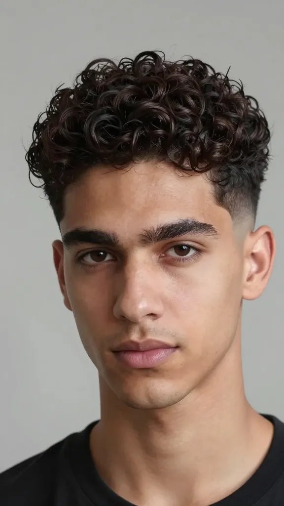 A high-resolution, hyper-realistic portrait of a man with a layered curly top and a sharp line-up fading into the sides, styled in a modern architectural cut. The hair on top features distinct, well-defined layers with voluminous curls, creating texture and movement, while the temples and sides taper into a crisp, clean fade. The line-up is precise and geometric, emphasizing symmetry along the hairline, jawline, and temples. The subject has a confident, polished expression, subtle grooming, and a natural skin tone with soft, flattering lighting that highlights the layering and the contrast between the textured curls and the tapered fade. The background is a neutral, softly blurred studio setting to keep full focus on the haircut, with no text or logos present. The overall look is contemporary, sophisticated, and ready to wear, suitable for a fashion-forward man with curly hair.