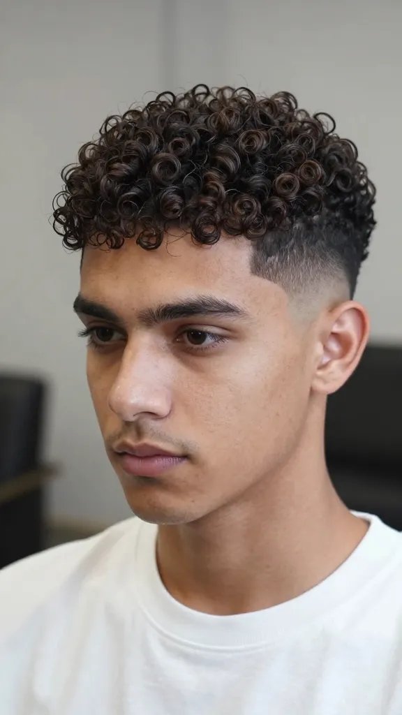 A high-resolution, ultra-realistic portrait of a stylish man with thick, voluminous curly hair transitioning into a tailored, contoured low fade along the sides and back. The subject stands or sits in a polished, well-lit studio setting with a neutral, softly blurred background that emphasizes the hairstyle. The curls on top are full and defined, with natural shine and defined spiral shapes, while the fade is precise and gradual, following the head&rsquo;s contour to create a clean, camera-ready silhouette. The lighting is balanced to showcase texture and depth in the curls and the smooth gradient of the fade, with subtle reflections in the eyes and a confident, relaxed facial expression. No text, accessories, or extraneous elements; the focus is entirely on the main subject and the contoured fade with voluminous curls.