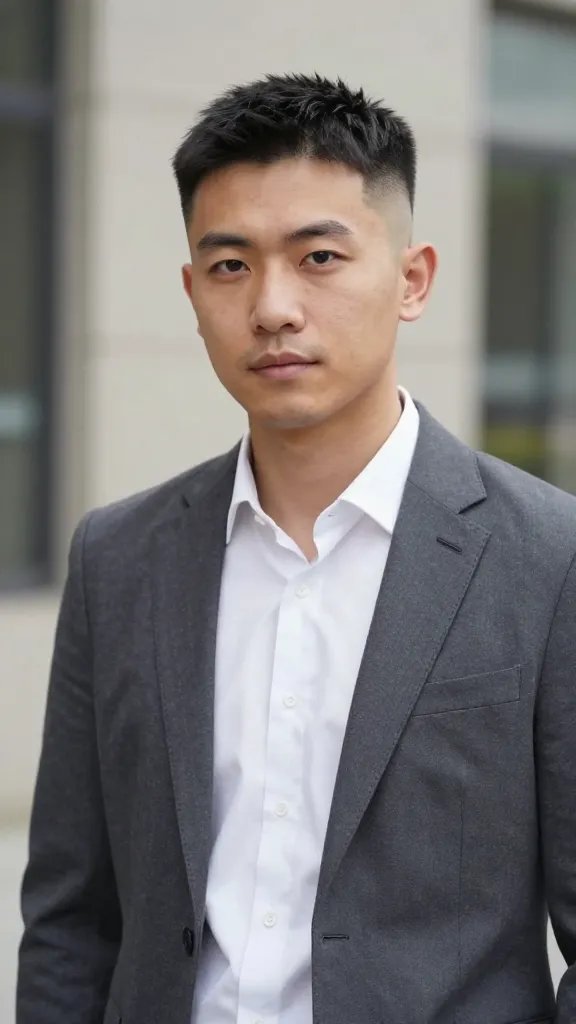 Create a hyper-realistic, high-resolution portrait of a stylish man with a classic drop fade haircut, showcasing a seamless skin-to-hair transition that demonstrates a clean, timeless fade. The subject should be dressed in a smart-casual outfit that balances polished and approachable&mdash;think a well-fitted blazer or clean button-down shirt with a neat collar, paired with dark trousers. The background should be softly blurred to emphasize the subject, with neutral tones (beige, gray, or soft blue) that convey a versatile, dependable vibe suitable for both office days and weekend gatherings. The lighting should be natural and flattering, highlighting the smooth gradient of the fade on the sides and back, while ensuring the top length remains versatile for various looks. The subject should exude confidence and polish, with a calm, approachable expression and direct eye contact with the camera. No visible text or logos in the image.