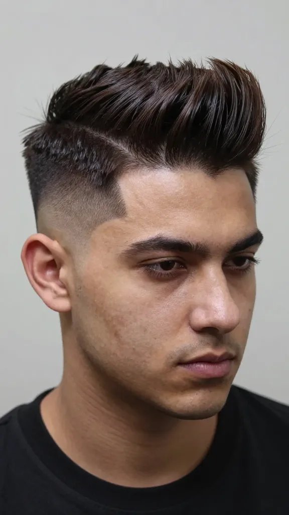 A high-resolution, realistic portrait of a stylish man with a tight fade that transitions into a dramatic sweeping texture on top. The sides and back show a clean, close fade, while the top features a bold, rounded sweep directed upward and slightly to the side, creating dynamic motion. The lighting is cinematic with soft directional light highlighting the fade and the shine of the swept crown, and subtle shadows adding depth. The subject&rsquo;s expression is confident and poised, suitable for a photoshoot. The look is paired with a matte paste finish for a natural, non-glossy texture on the hair, and the overall color palette is natural brown tones with a hint of warmth. No text or branding in the frame.