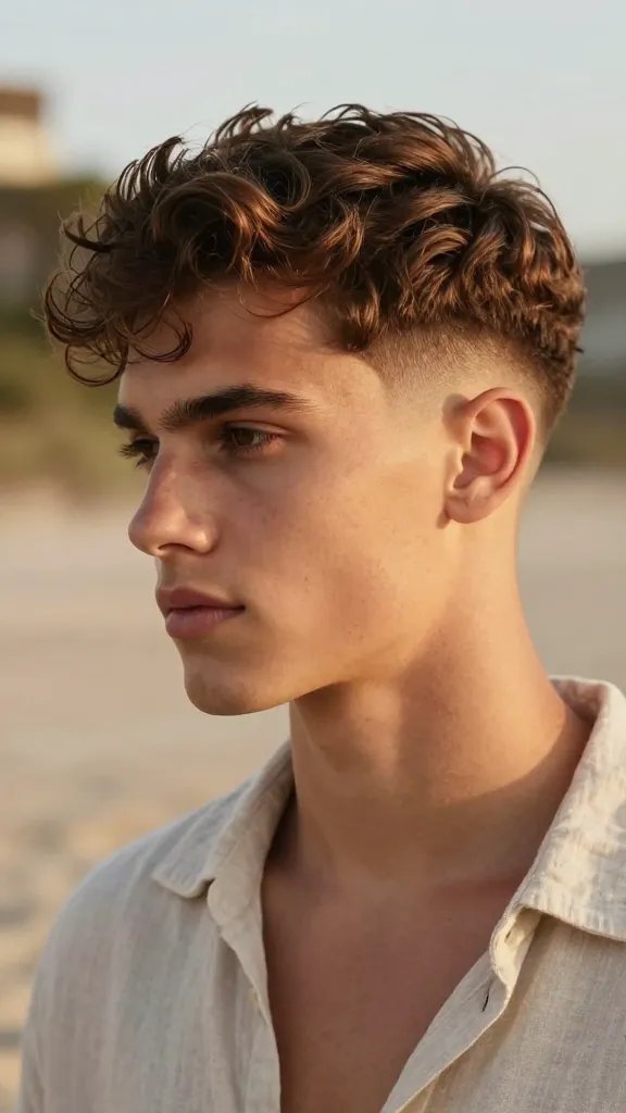 Create a hyper-realistic, high-resolution portrait of a stylish young man with wavy hair styled in a skimmed crown drop fade. The crown should be slightly longer to showcase natural waves and curls, with a smooth, soft finish that preserves texture. The fade around the sides and back should be clean and gradual, emphasizing a crisp line where the fade meets the crown. The subject should have a relaxed, casual vibe suitable for beach days, wearing light, breathable clothing (e.g., a linen shirt or simple t-shirt) in natural tones. The lighting is warm, golden-hour, enhancing the hair texture and subtle shine, and the background is softly blurred to keep all focus on the haircut. The overall image should feel like a premium magazine photo, with natural skin tones, realistic hair detail, and no text or branding visible.