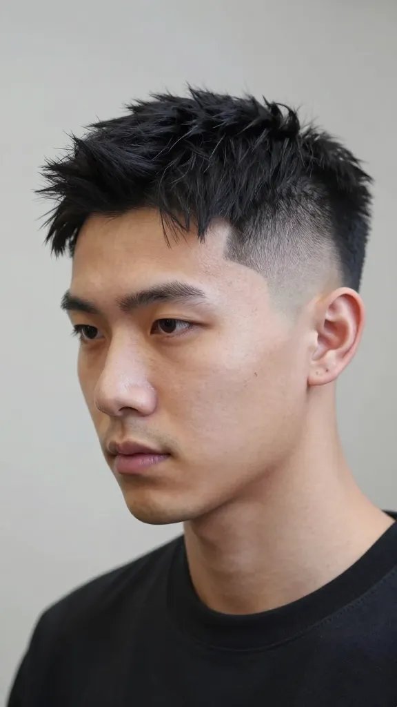 Create a high-resolution, realistic portrait of a stylish man with a modern edge, showcasing "The High Temple Fade with Low Skin Line." The subject stands against a neutral, softly blurred studio background to emphasize the haircut. The hair features a pronounced high temple fade with a near skin line along the lower sides, creating a stark, architectural contrast. The top hair is slightly longer and textured, styled with a natural, matte finish to maximize the clean lines and minimal product look. The sides gradually taper from skin-close at the temples to a subtle fade higher up, ensuring a dramatic yet balanced silhouette. The model has defined cheekbones and a confident, forward-facing pose with a slight three-quarter turn to highlight face framing from the temple fade. Lighting is bright and even, with soft shadows to accentuate the sharp line work along the temples and the smooth transition of the fade. The overall aesthetic is modern, edgy, and selfie-ready, clearly displaying the strong profile and enhanced facial framing without any visible text or branding.