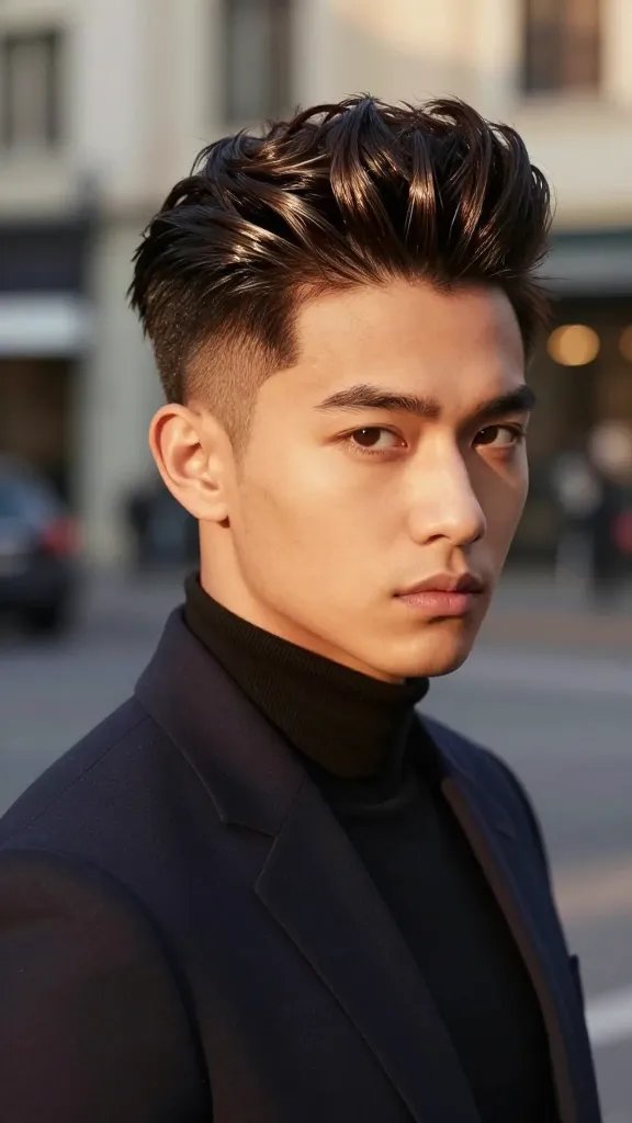 A highly realistic, high-resolution portrait of a stylish man with a pompadour-ready drop fade, standing in a chic urban setting at golden hour. The top features a tall, voluminous pompadour with defined height and smooth shine from a light touch of pomade, while the sides and back taper into a precise fade that is neat and clean. The fringe on top is longer and swept back to create dramatic elevation, with subtle texture and soft waves for natural movement. The back is tapered and tapers into the neckline for a seamless, polished look. The subject wears a sharp, modern outfit&mdash;perhaps a tailored dark blazer over a crisp shirt or a fitted black turtleneck&mdash;accentuating the sleek, tall silhouette. Lighting emphasizes the shine on the pomade, the crisp contrast between the fade and the longer crown, and the overall sharpness of the hairstyle. The background is softly blurred to keep the focus on the hair and face, conveying a date-night or club-night vibe without any visible text on the image. The subject exudes confidence and style, with a subtle, composed expression and direct gaze toward the camera.