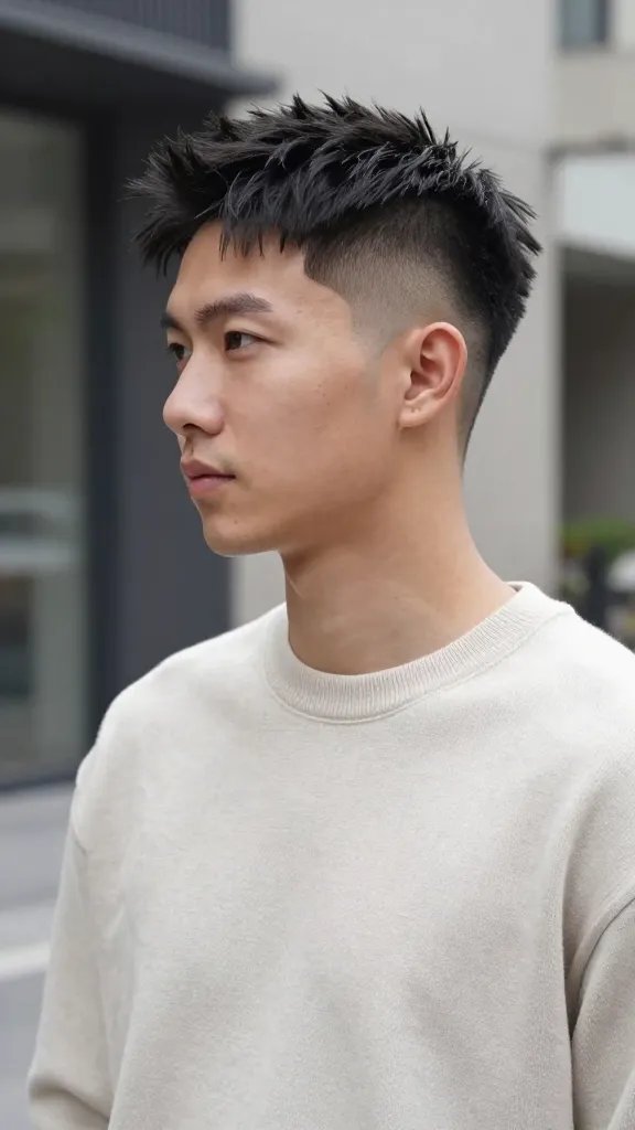 A highly realistic, high-resolution portrait photo of a stylish man with a short, tapered haircut featuring a drop fade and a textured, slightly spiky top. The sides are short and clean with a smooth drop fade that blends into the longer top, which has deliberate texture and movement as if touched by fingertips. The subject stands in a softly lit, modern urban setting with neutral tones to keep focus on the haircut. He wears a casual, well-fitted outfit (soft-knit crewneck sweater or light jacket) and a confident, relaxed posture. The lighting highlights the texture on top and the clean lines of the fade, with natural skin tones, subtle shadows, and no visible text or branding in the image. The overall mood is polished yet effortless, conveying a low-maintenance, fast-routine hairstyle suitable for a busy schedule.