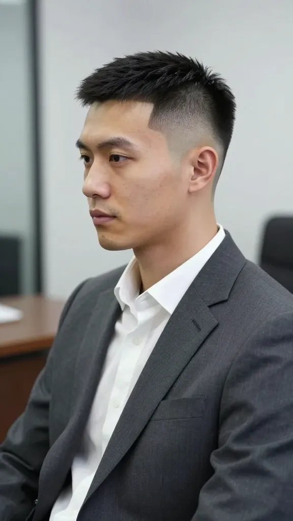 Create a hyper-realistic, high-resolution portrait of a man with a meticulous &ldquo;Drape Fade&rdquo; haircut that follows the curve of the head. The sides should feature a tight, precise clipper cut that creates a smooth, draped line along the scalp, with a slightly softened transition into the longer top for a natural blend. The subject should be styled to convey calm confidence, wearing a sharp, well-fitted suit in a neutral color (e.g., charcoal or navy) with a crisp white shirt. He should be seated or standing in a clean, professional environment (like a modern office or studio), captured in soft, flattering lighting that highlights the edge contour of the fade from all angles. The composition should show the haircut from multiple angles within a single, cohesive, studio-quality image, emphasizing the curvature and seamless blend of the Drape Fade without including any text or logos in the frame. The overall mood is poised, composed, and ready for meetings or interviews.