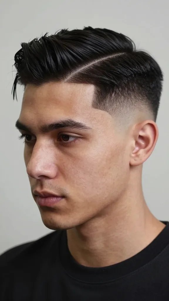 A high-resolution, cinematic portrait of a stylish man with a sharp angular drop fade and a distinct, crisp part line. The hair is meticulously styled with a tight fade near the ears, featuring clean geometric separation and a precise, well-defined part created with a fine comb. The look is modern and bold, with a natural yet polished shine from a matte-to-slightly-sheen styling product that holds without stiffness. The subject is posed in a three-quarter view against a subtle, neutral backdrop, lighting that highlights the clean lines of the part and the tapered fade, showcasing a confident, social-event-ready vibe. The overall tone is sharp, contemporary, and wearable, conveying effortless style without appearing overdone. No text on the image.