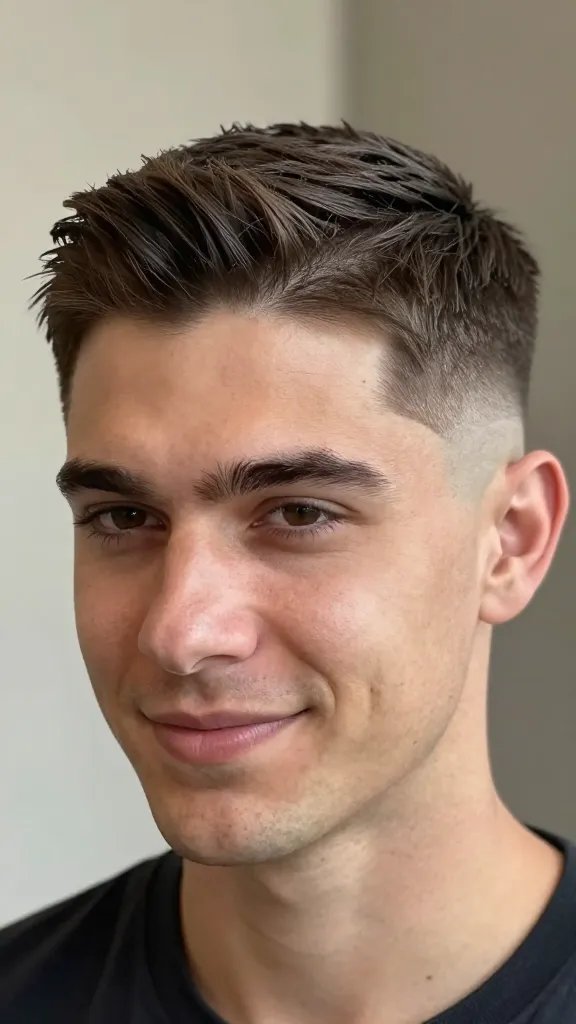 Create a high-resolution, hyper-realistic portrait of a stylish man showcasing a Classic Tapered Top with Dropped Sides. The subject has a longer, well-groomed top on top of a clean, tapered fade that drops smoothly at the sides, meeting a neat, precise line at the nape. The hairstyle should look versatile and timeless, with symmetrical angles and an even horizontal line around the head. The man should have a confident, approachable expression, slight smile, and direct gaze toward the camera. Lighting is soft and natural, with gentle shadows to emphasize the contrast between the longer top and the dropped sides. The background should be neutral and unobtrusive, ensuring full focus on the haircut. Hairstyles details: subtle texture on the top, clean taper on the sides, crisp edge around the temple and neckline, and a seamless blend where the top meets the sides. The subject&rsquo;s hair color is a natural dark brown with slight highlights to add depth. Ensure realism enough for close-up head-and-shoulders framing, with accurate skin tones, hair sheen, and proper scale so the haircut appears prominent and accurately represented. No text or branding in the image.
