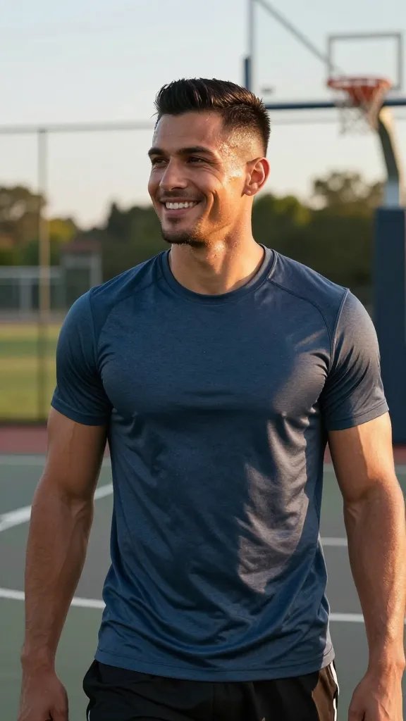 Create a hyper-realistic, high-resolution portrait of a fit, athletic man with a sporty drop fade haircut, standing on a sunlit outdoor basketball court at golden hour. He is mid-20s to early 30s with a clean, confident smile, wearing a moisture-wicking athletic t-shirt and athletic shorts. The hair features a low-maintenance drop fade with a subtle taper, short on the sides and a slightly longer top styled with a light hold gel for a natural sheen. He&rsquo;s slightly glistening with light sweat, as if just finished a quick drill, and the background shows a blurred court, hoop, and hints of greenery. The lighting emphasizes defined facial features and the hairline, reflecting a cool, active lifestyle. No text on the image.