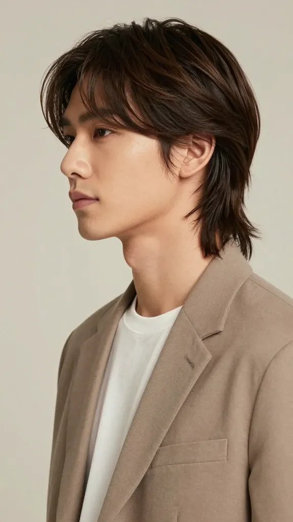A high-resolution, three-quarter profile portrait of a stylish man with a soft fringe and a gentle drop, showcasing a retro-modern curtain top. The hair is medium length on top, long enough to part and sweep to the side, with a natural, subtle drop at the back and sides. Light, textured styling reveals movement and fullness, enhanced by a touch of matte texturizing spray. The subject has a confident, relaxed expression, clean-cut facial features, and a sharp sense of style. Wardrobe is smart-casual&mdash;soft blazer over a clean tee&mdash;against a neutral studio backdrop with soft, natural lighting that highlights the hair&rsquo;s texture and shape. The overall look is versatile for work and casual occasions and photographs beautifully. No text on the image.