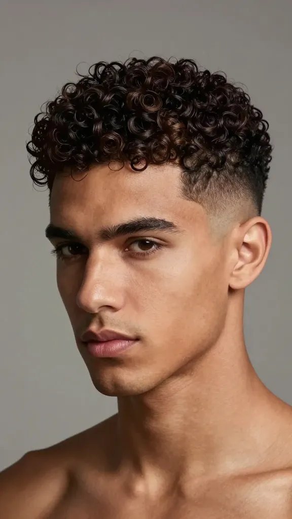 Create a photorealistic, high-resolution portrait of a bold, fashion-forward man with curly hair styled in a drop fade. The sides are tight with a clean, sharp fade, while the top curls are defined and curl-forward for strong contrast. The subject should have a confident, expressive pose that communicates personality and texture. Use lighting that highlights the curl definition and the smooth fade line, with subtle shadows to emphasize depth. The hairstyle should look natural and well-groomed, showcasing curl cream texture without any heavy, weighed-down appearance. Ensure a clean neckline and no visible text or branding in the image. The background should be neutral and softly blurred to keep the focus on the hair and facial features, presenting a modern, stylish, and bold aesthetic.