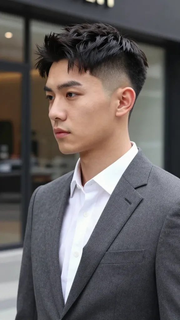 Create a hyper-realistic, high-resolution portrait of a stylish man with a sharp undercut paired with a dramatic drop fade, finished in a natural matte texture. The subject stands in a modern, softly lit urban setting (e.g., a sleek storefront or glass-walled lobby) with a confident, professional demeanor. He wears a tailored charcoal-gray suit with a crisp white shirt and no tie, exuding contemporary edge without appearing flashy. The hair should feature a clean undercut on the sides and back, blending into a pronounced drop fade that tapers behind the ear, with the top left long enough to style into a subtle, textured wave swept to one side. The finish must be matte, avoiding shine or gloss, to convey a natural, polished look suitable for daily professional wear. The lighting emphasizes the hair texture and sharp lines of the cut, with realistic skin tones, shallow depth of field to blur the background slightly, and no visible text or branding on the image.
