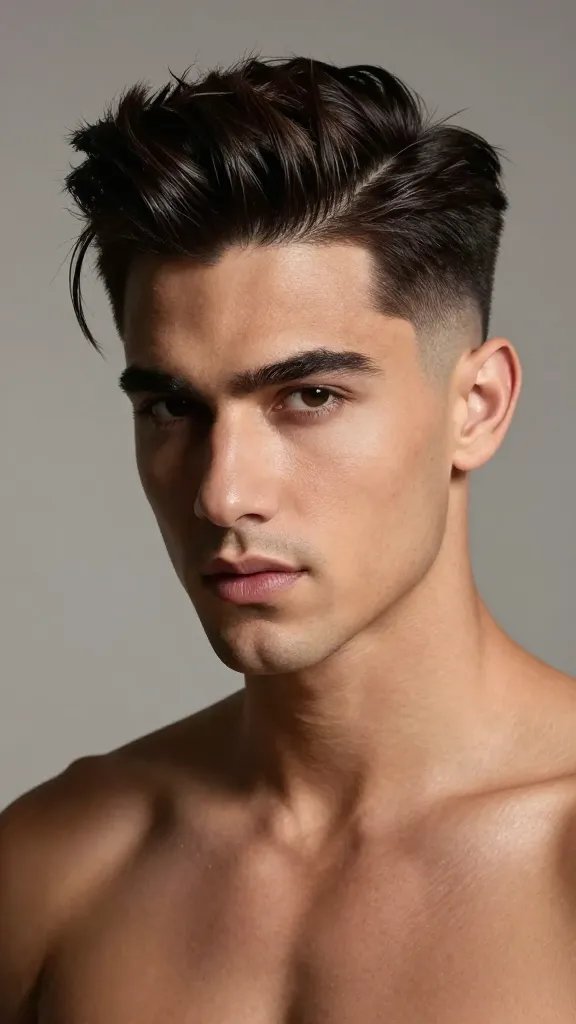 A high-resolution, hyper-realistic studio portrait of a stylish man with a dominant side-swept top that neatly sweeps to one side, creating a dynamic silhouette, while the rest of the hair features a clean, deliberate drop fade as the steady backbone. The subject should have a confident, poised expression and direct gaze toward the camera. The top should appear slightly voluminous with a subtle shine from light wax, showing controlled texture and a smooth sweep. The sides must be sharply edged with a precise clipper fade, tapering cleanly into the neckline. Lighting is dramatic yet flattering, with soft, diffused key light from the left and a gentle fill to emphasize the contour of the fade and the sweep. The background is neutral and unobtrusive to keep full attention on the hairstyle, suggesting a photoshoot or evening-out vibe. The subject should be centered in the frame, shoulders angled slightly, with a crisp, magazine-quality skin tone, no visible text or logos, and a shallow depth of field to keep the focus on the haircut details.