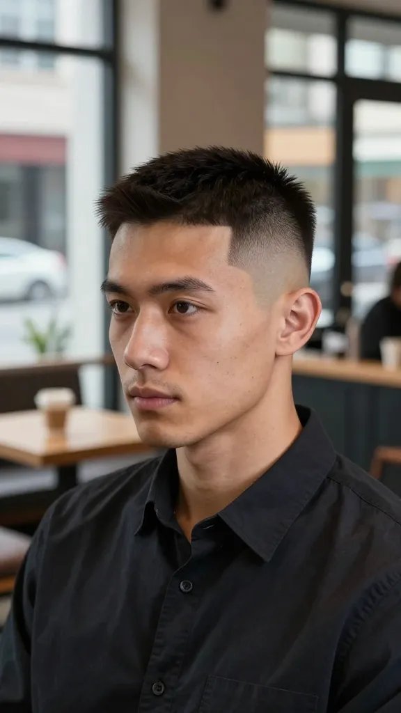 Generate a high-resolution, hyper-realistic photo of a man with a Military-Inspired Fade featuring clean lines. The subject stands in a modern urban coffee shop with soft, natural light streaming through large windows. The haircut should showcase a precise drop fade that transitions smoothly from a tight, skin-level fade at the temples to a slightly longer, textured top, with flawless, geometric line work along the hairline and a tidy, well-defined neckline. The man should have a confident, business-casual look: a crisp, dark barber-style shirt or tailored jacket, clean-shaven or neatly groomed facial hair, and a composed expression as he glances toward the camera or slightly off to the side. The background should be softly blurred to emphasize the sharp haircut, with subtle details like a coffee cup, counter, and minimalist decor in neutral tones. Ensure realistic skin tones, sharp hair detailing, and natural shadows to convey a polished, ready-for-anything vibe. No text on the image.