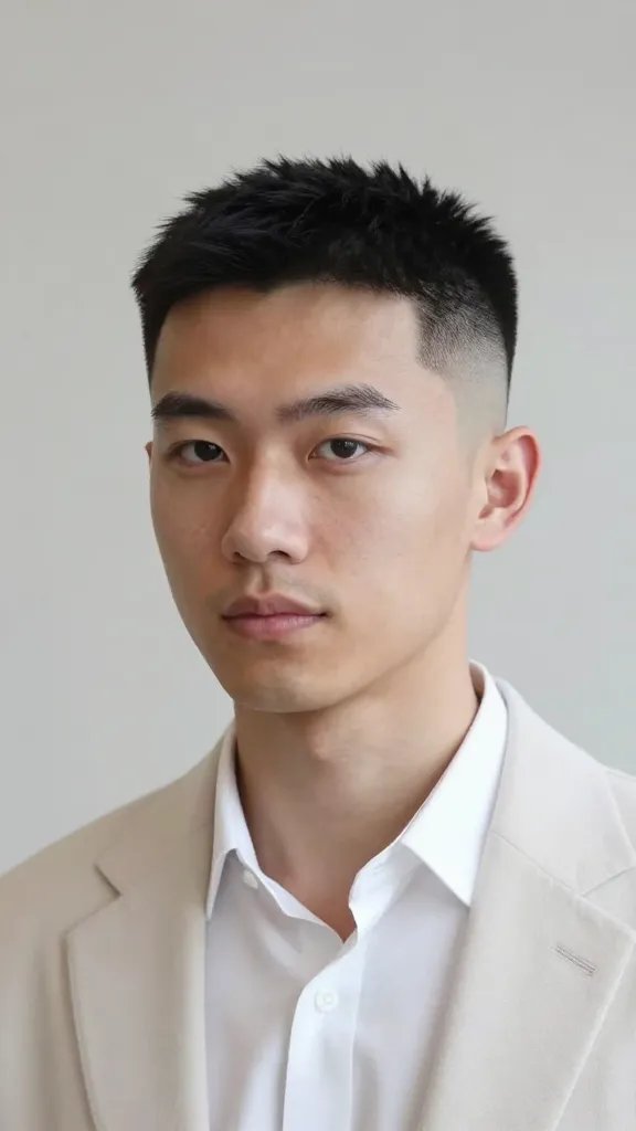 Create a realistic, high-quality portrait photo of a man with a minimalist fade hairstyle, showcasing a flawless drop fade with even clipper work and subtle texture on top. The subject should have symmetric facial features, a calm, confident expression, and natural lighting that highlights the smooth gradient of the fade from the temple down to the nape. The hairline should be clean and precise, with neatly trimmed edges and a touchable hold look. The man is dressed in a clean, modern outfit suitable for everyday wear and meetings, such as a crisp white shirt or light blazer, against a subtle, neutral backdrop that emphasizes the hairstyle without distractions. The overall mood is effortless confidence and polished simplicity. No text on the image.
