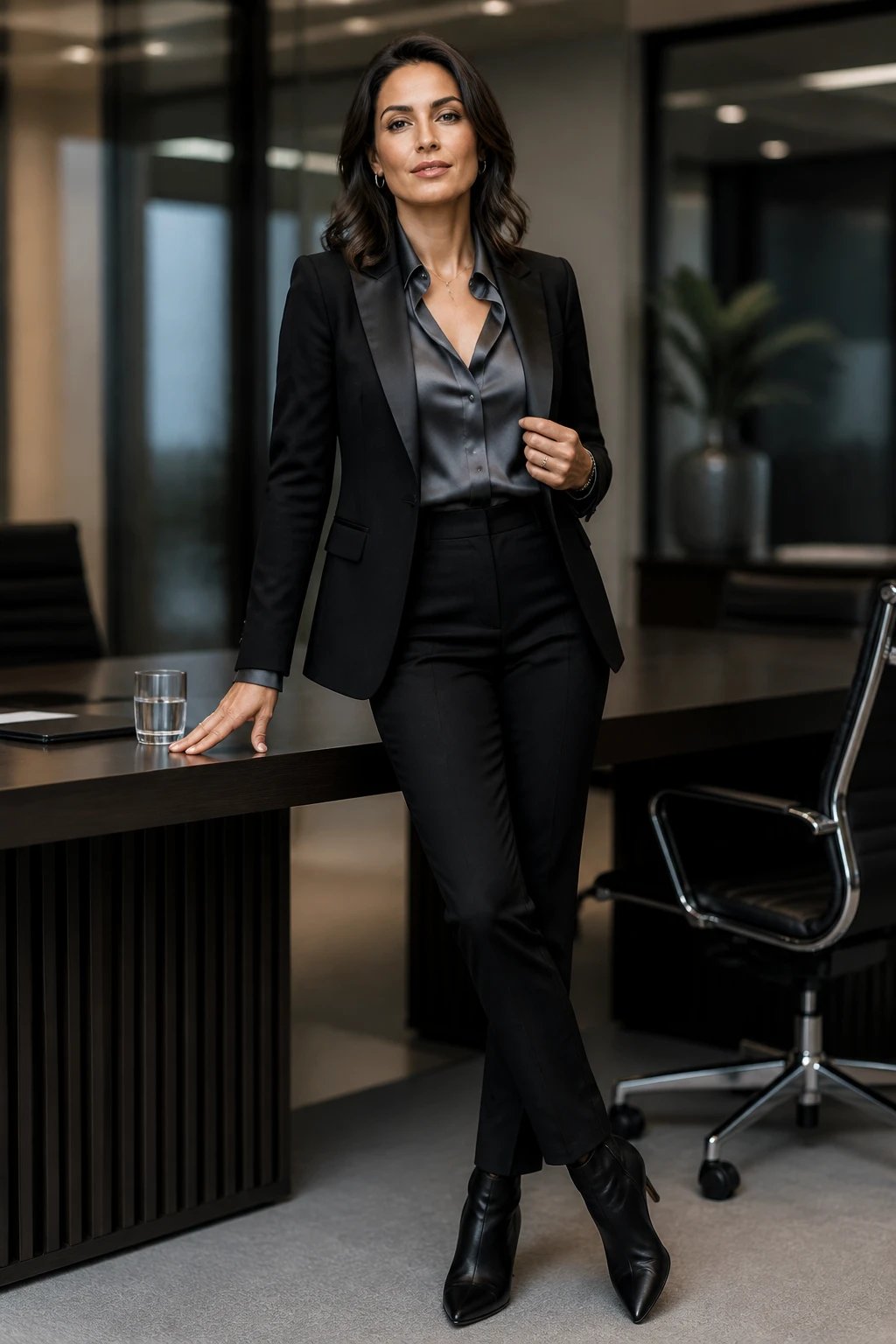 A high-resolution, studio-lit editorial portrait of a confident professional woman delivering a powerful presence in a corporate setting. She wears a tailored black blazer with satin lapels over a charcoal satin blouse, crisp black cigarette trousers, and sleek black leather pointed-toe ankle boots. The look is polished with minimalist silver jewelry and a clean, tucked blouse to emphasize a sharp silhouette. Pose her standing at a conference table with a subtle, assertive stance&mdash;one hand resting on the table edge and the other lightly adjusting the blazer&mdash;slightly angled to the camera to convey command and poise. The background is a modern, upscale boardroom with glass walls, neutral tones, and soft, diffused lighting that highlights the satin textures and the tailored lines. No text on the image.