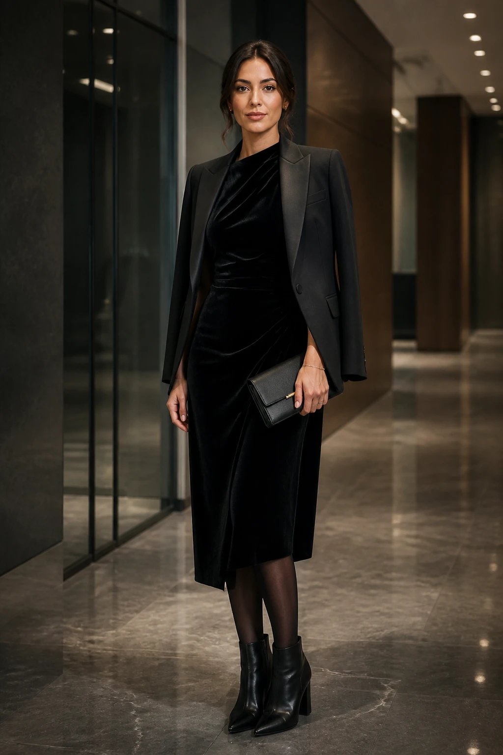 A poised professional woman stands in a sleek, modern corporate hallway with soft, ambient lighting. She wears a black velvet midi dress with capped sleeves, paired with an overlap-shoulder structured ebony blazer. Her footwear consists of pointed-toe block-heel ankle boots, and she carries a minimalist leather clutch with subtle hardware. Jewelry is minimal&mdash;a slim bracelet and small stud earrings&mdash;allowing the rich texture of the velvet and the sharp silhouette to dominate. She wears sheer black tights for a touch of polish. Her posture is confident and composed, one hand lightly resting on the clutch, the other at her side. The background features clean lines, glass, and muted, professional tones to convey a powerful, elegant dark romance. No text on the image. The subject is the main focal point, captured in high-resolution photorealism with controlled studio-like lighting that highlights the velvet sheen and the blazer&rsquo;s structured lines.