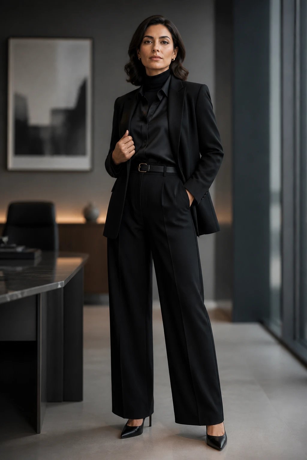 Create a high-resolution, realistic studio portrait of a confident professional woman in a monochrome black ensemble for a quarterly corporate setting. She wears a tailored black blazer over a black silk blouse with a subtle sheen, paired with black high-waisted wide-leg trousers and black pointed-toe pumps. Add a black belt with a minimal buckle to accentuate the waist. Introduce texture contrast by combining silk against wool, and if the environment is cooler, subtly layer a lightweight black turtleneck underneath the blouse. Pose her in a poised, powerful stance with clean, precise lines&mdash;shoulders back, chin slightly lifted, one hand resting lightly on a blazer lapel. Lighting should be crisp and directional to highlight textures: the silk blouse&rsquo;s sheen, the wool of the blazer, and the smooth finish of the trousers. Use a simple, professional office backdrop with soft bokeh, neutral tones, and minimal accessories to keep the focus on silhouette and texture. No text on the image. Ensure the subject is the unmistakable focal point and conveys authority and polish suitable for a quarterly corporate setting.