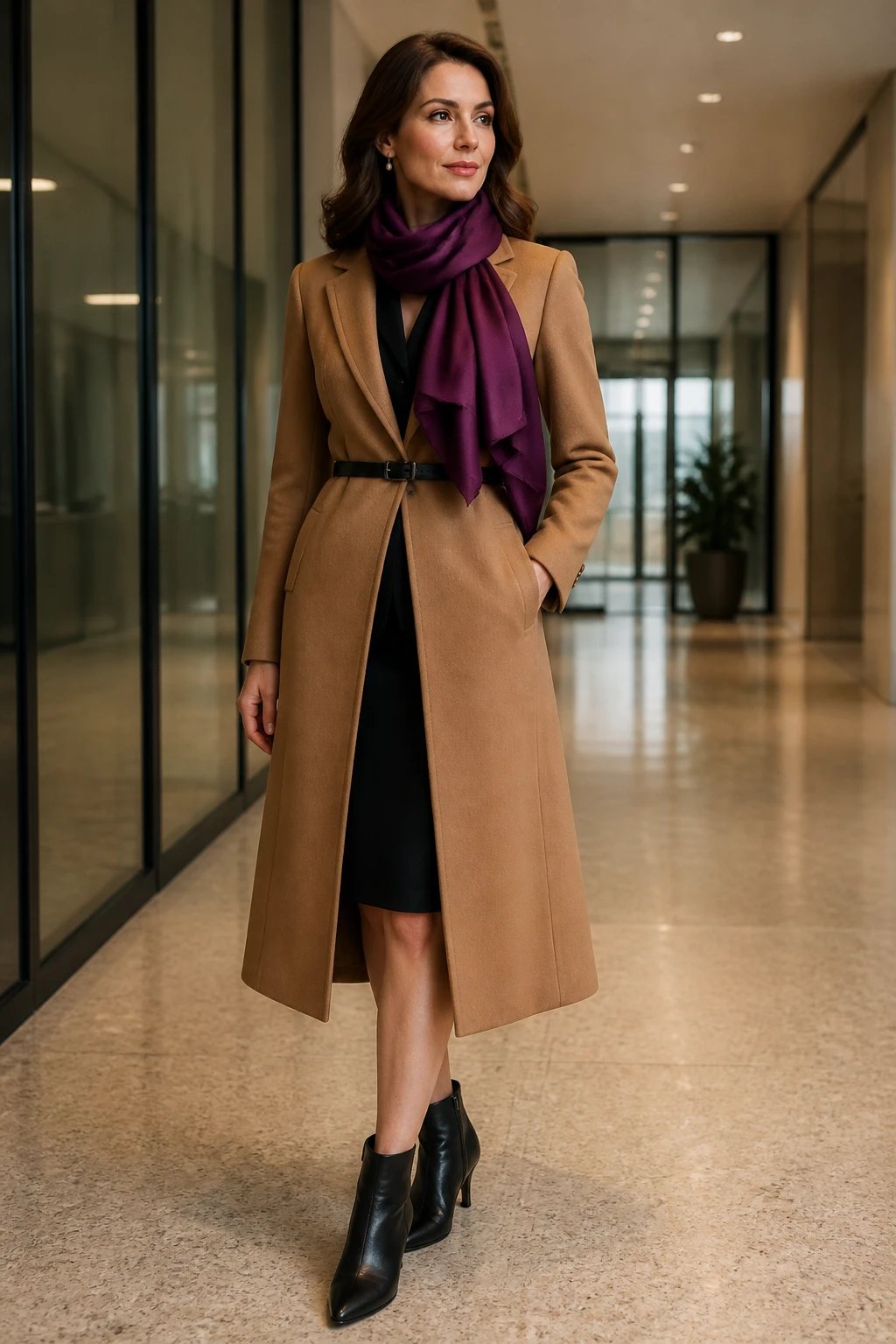 A poised female executive stands in a modern, softly lit corporate hallway with glass doors and neutral beige terrazzo flooring. She wears a structured midi coat in camel, tailored to perfection, cinched at the waist with a slim belt. Underneath, a black tailored sheath dress peeks from beneath the coat, paired with a crisp black blouse. A bold, monochrome scarf in deep plum is wrapped gracefully around her neck, becoming the focal point of the outfit with subtle sheen and defined folds. She wears sleek black leather ankle boots with a small heel, minimal jewelry, and a confident, composed expression as she looks slightly off-camera. The lighting emphasizes the coat&rsquo;s lines and the scarf&rsquo;s rich color, creating authority and sophistication in a high-resolution, photorealistic style. No text or logos in the frame.