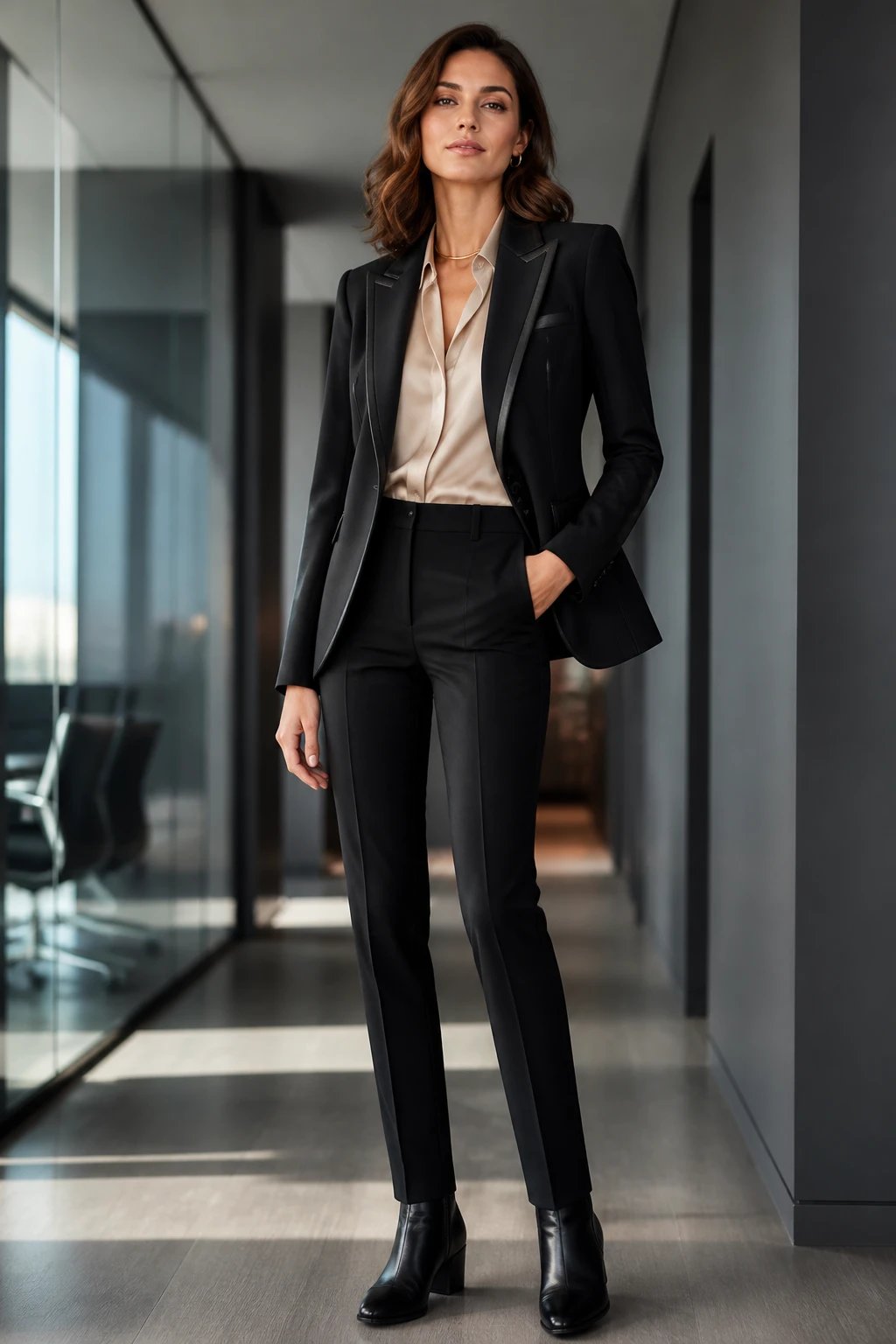 A tall, poised professional woman stands in a modern, corporate-style office hallway with muted gray walls and soft, natural daylight streaming through a glass facade. She wears a tailored black blazer with subtle leather piping along the edges and panels, paired with matching slim-fit trousers. Underneath, a cream or taupe silk blouse drapes gracefully, tucked neatly at the waist. On her feet are sleek leather loafers or ankle boots in black. She accessorizes with a delicate gold choker and small hoops, keeping the leather detail as the focal point. The overall look conveys boss energy with minimal fuss, clean lines, and a confident, unstoppable presence. The image is high-resolution, fashion-photography quality, with crisp textures on the leather trim, smooth fabric of the blouse, and a flattering, elongated silhouette. No text on the image.