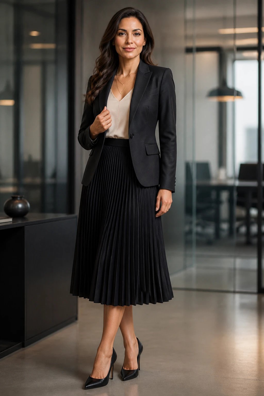 A polished corporate portrait in a modern office setting, featuring a confident professional woman as the main subject from the article title, styled in a pleated black midi skirt paired with a sharp charcoal V-neck blazer. She wears a neutral silk camisole underneath with a delicate, subtle chain necklace layered under the blazer, and pointed-toe black pumps. The look is elevated with clean lines, a tailored silhouette, and soft lighting that highlights movement in the pleated skirt. Pose her standing with one hand resting lightly on her blazer lapel and the other at her side, slight angle to the camera to convey authority and approachability. Background includes a sleek, minimalist office environment with a neutral color palette, soft bokeh hints of glass and metal, and a shallow depth of field to keep focus on the subject. Ensure the image is high-resolution, photorealistic, and free of text or branding.