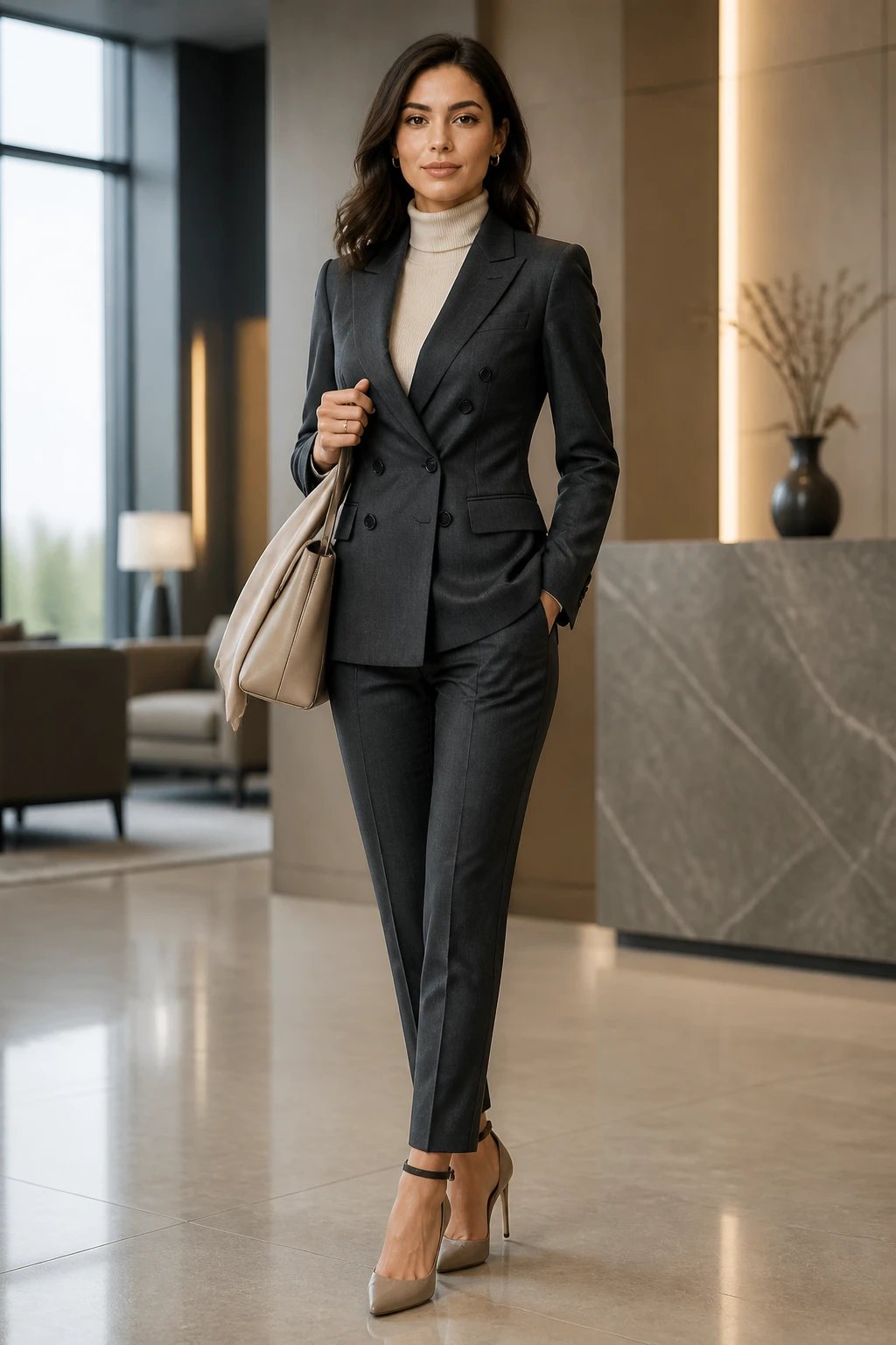 A polished corporate chic portrait of a confident female professional standing in a modern, minimalist office lobby with natural light. She wears a tailored charcoal double-breasted blazer with sharp shoulders and a subtle, matching pair of tailored trousers. Underneath, a neutral-toned turtleneck in cream or soft taupe peeks from the neckline. Add a delicate pop: a silk scarf or a structured bag in a soft sand or warm beige tone draped over one shoulder or held in hand. She completes the look with black or taupe ankle-strap heels. The styling emphasizes immaculate fit at the shoulders to avoid slouch, clean lines, and a poised, authoritative pose&mdash;shoulders back, chin slightly raised, a calm, professional expression. The background is a sleek office setting with neutral colors, soft bokeh lights, and subtle architectural details to convey power and sophistication. No text on image. The color palette stays within charcoal, taupe, cream, and sand, with natural textures like silk and leather for a refined, monochrome pop.