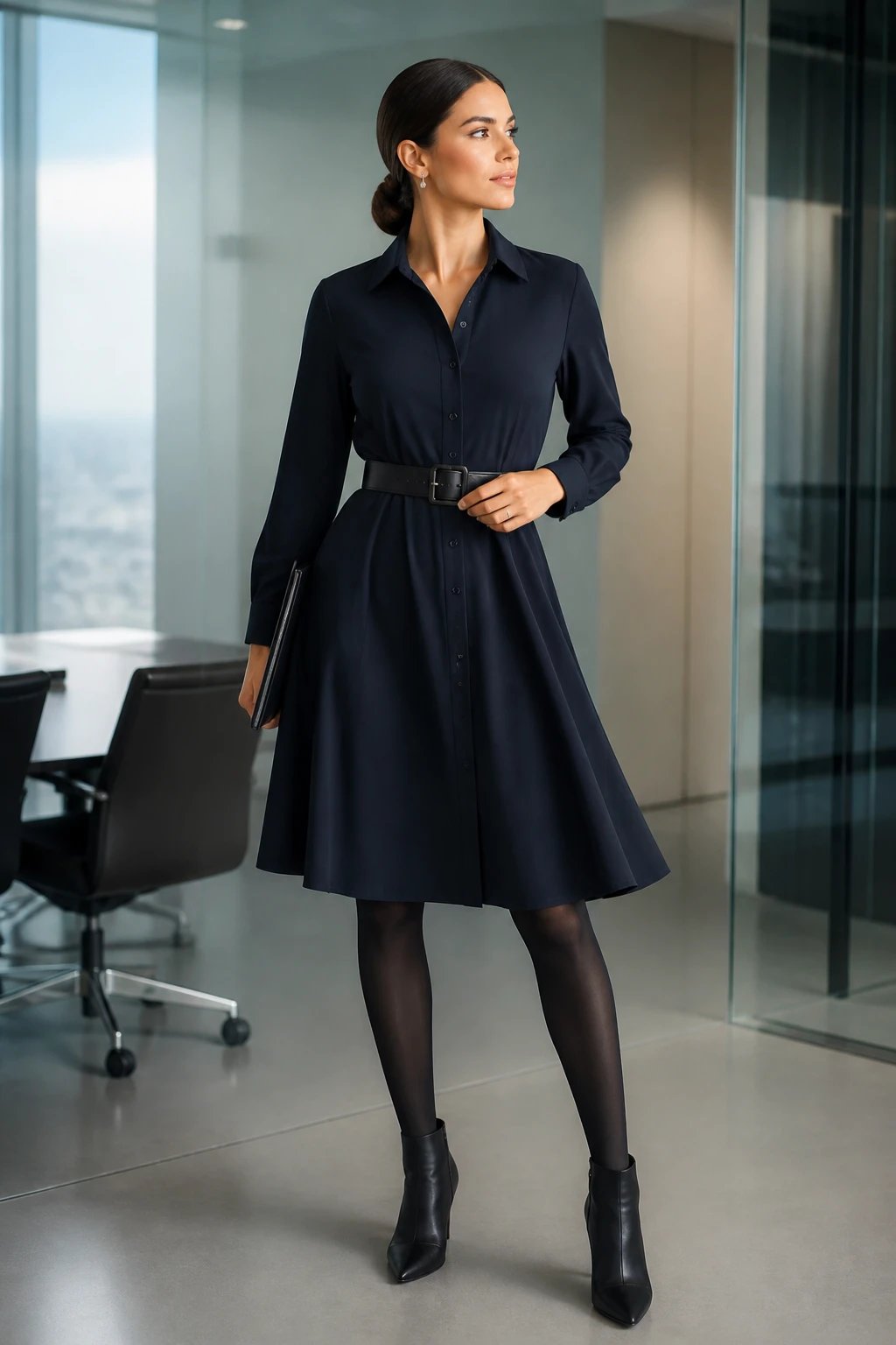 Create a high-resolution editorial photograph of a confident professional woman in a corporate chic outfit: a breathable black or navy shirtdress cinched at the natural waist with a wide black belt featuring a sleek, minimalist buckle. The dress should fall to knee-length to elongate the legs, paired with thigh-high black stockings or opaque tights, and either leather knee-high boots or sleek ankle boots. Set in a modern, glassy office environment with soft natural lighting and a neutral backdrop. The subject stands with one hand resting lightly on the belt and the other at her side or on a conference folder, exuding power and poise. Subtle, polished makeup and a neat hairstyle (slicked-back ponytail or smooth low bun) complete the look. The overall mood is sharp, professional, and effortlessly stylish, with a focus on clean lines, texture contrast between the shirtdress and glossy belt, and a sense of movement from the fabric. No text or logos in the image.