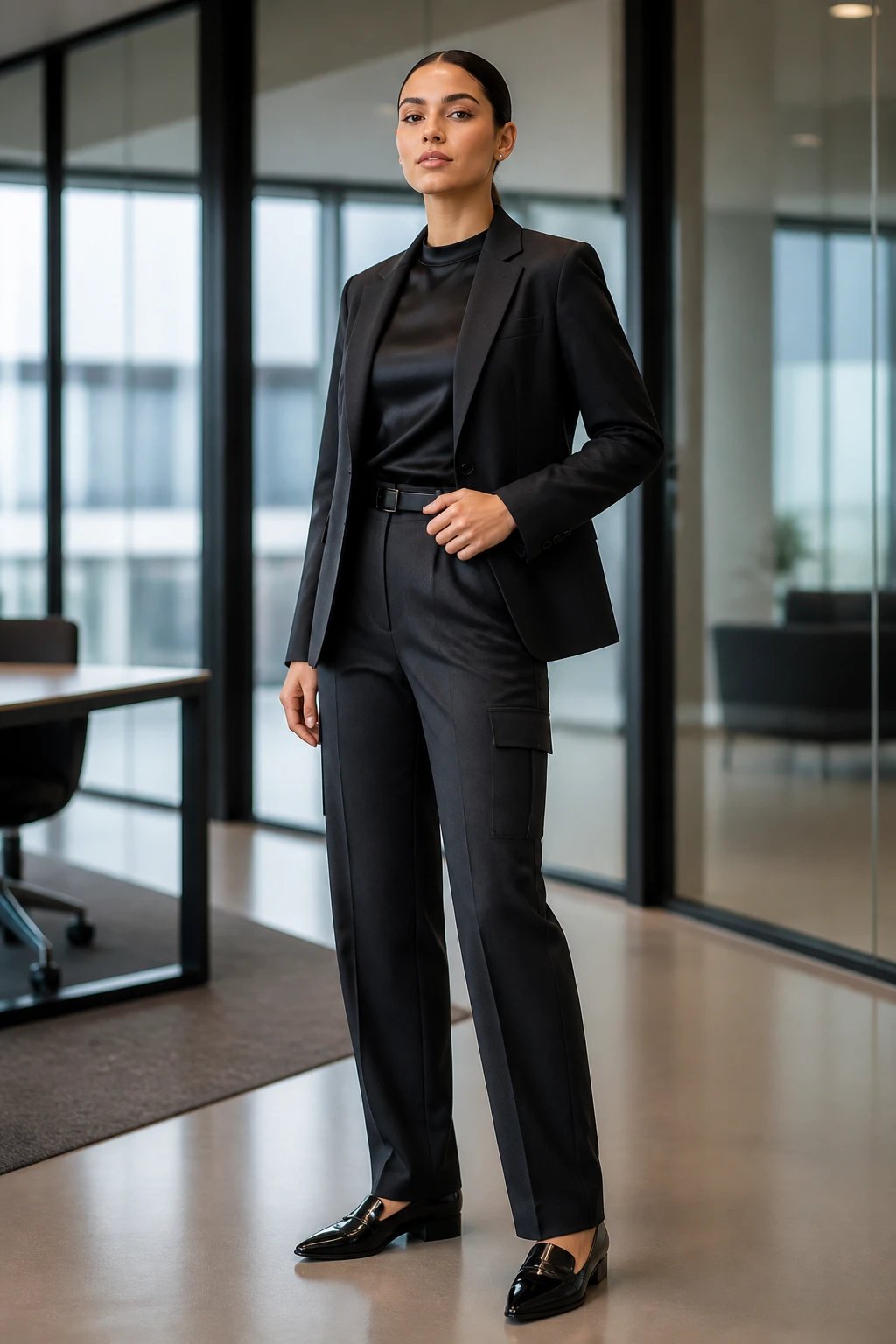 A high-resolution fashion editorial portrait of a confident professional woman standing in a sleek, modern office setting with glass walls and natural light. She wears charcoal tailored cargo trousers with clean, flat pockets, a glossy black knit top with a subtle satin sheen, and a minimalist matching blazer. A slim black leather belt cinches the waist, and the look is completed with pointed-toe loafers in black patent leather. The outfit maintains sharp lines and a polished silhouette, with careful attention to keeping pockets flat and uncluttered. Pose: one hand lightly resting at the belt, the other at her side, shoulders squared, slight three-quarter turn to the camera to convey authority and ease. Styling: hair slicked back into a smooth, professional bun or sleek ponytail; minimal makeup emphasizing strong features and a clean complexion. Lighting: soft, diffused studio light that creates gentle reflections on the glossy knit and blazer, with a shallow depth of field to keep the subject crisp while the modern office interior remains softly blurred in the background. No text in the image.
