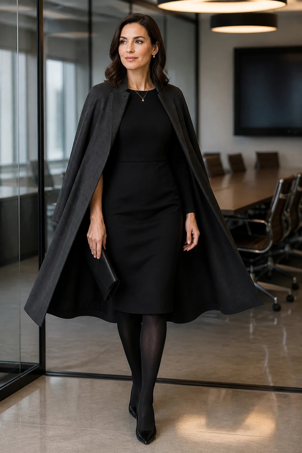 A poised professional woman stands in a modern corporate setting, wearing a sleek black sheath dress beneath a dramatic cape-detail wool coat in deep charcoal gray, the cape flowing slightly as she moves. She pairs opaque black tights and classic black pumps, with a minimalist clutch in hand. The lighting is soft yet authoritative, highlighting the cape&rsquo;s silhouette and the dress&rsquo;s clean lines, while subtle, understated jewelry avoids competing with the cape. The background shows a polished conference room with glass walls and a hint of a presentation screen, conveying a keynote-ready atmosphere. The overall mood is powerful, sophisticated, and ready for a formal luncheon or keynote speech, captured in crisp, high-resolution detail with natural skin tones and precise fabric textures.