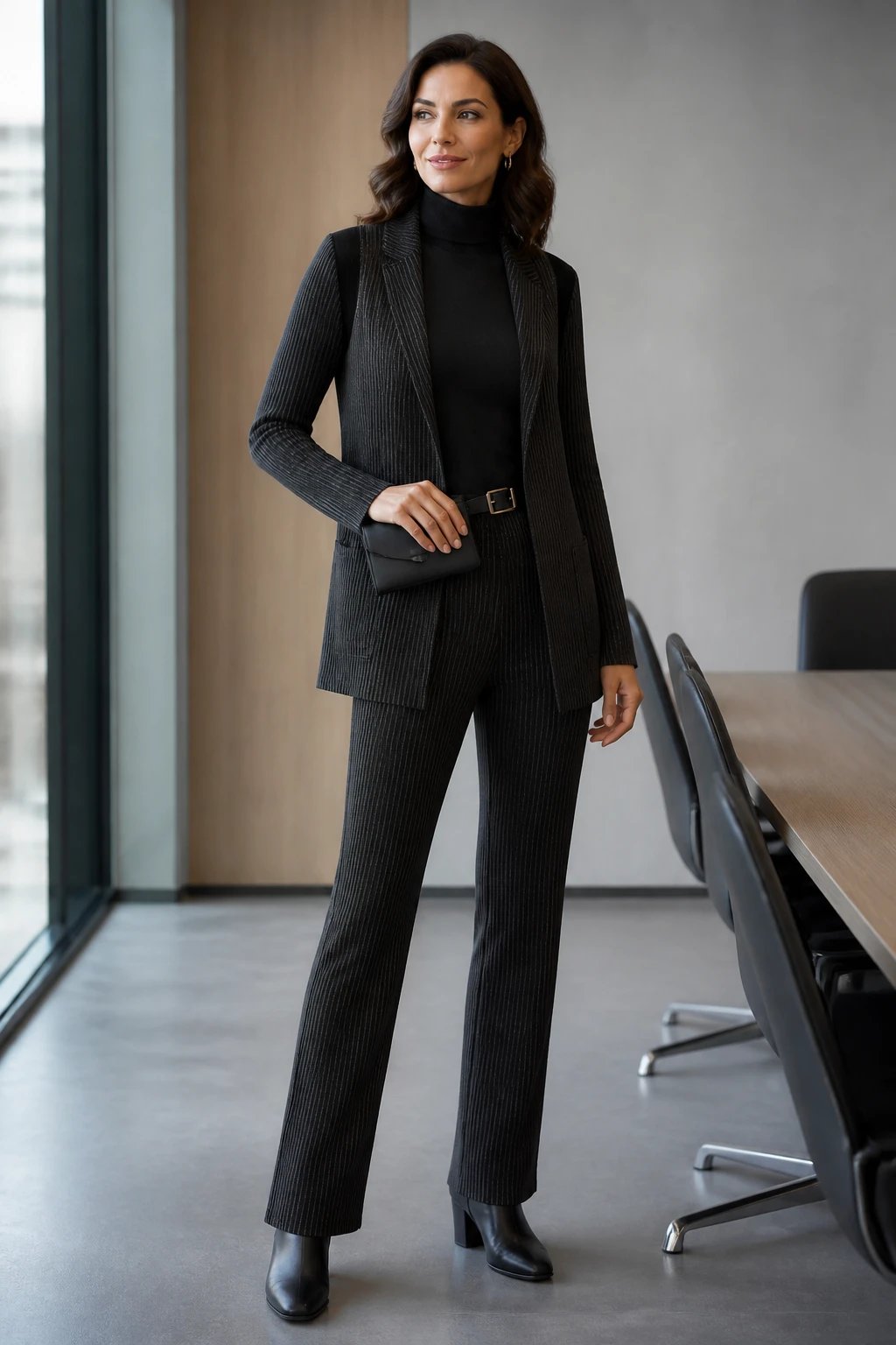 A realistic high-fashion office photo of a confident professional woman wearing a dark striped knit blazer and coordinating knit trousers, paired with a solid dark turtleneck, in a sleek, modern corporate setting. The stripes are fine and close together to create a slimming effect. She stands with a poised, ready-for-business posture, one hand resting lightly on a minimalist belt or belt-slash-bag, the other hand relaxed by her side. The look is cohesive and professional, with low-heel ankle boots and subtle, sophisticated accessories. The lighting is polished and natural, emphasizing smooth textures of the knit fabrics and the streamlined silhouette, with a neutral-toned, uncluttered backdrop that suggests a corporate meeting environment. No text in the image.