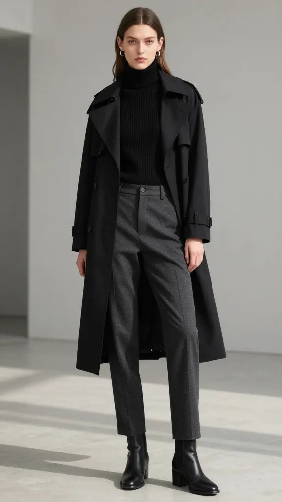 A high-resolution, fashion-forward editorial portrait of a stylish model in a minimal Gothic monochrome mood. The model stands in a clean, sunlit urban setting with soft, diffused lighting. Outfits features: a black ribbed turtleneck tucked neatly into charcoal tailored trousers, black ankle boots with a slight heel, and a structured black trench or longline blazer draped over the shoulders. Accessories are kept minimal: a pair of silver hoop earrings. The look is crisp and polished with precise silhouettes and a subtle, modern vibe&mdash;no clutter, no heavy makeup, just a polished front-tuck that creates a streamlined line. The background should be neutral (greige or light gray) to enhance the crisp black and charcoal tones, with the model exuding calm confidence and a sense of effortless refinement. The image should be a full- to mid-length fashion editorial shot with shallow depth of field, capturing the texture of the ribbed knit and the structure of the blazer, emphasizing clean lines and the restrained, wearable Gothic aesthetic. No text in the image.