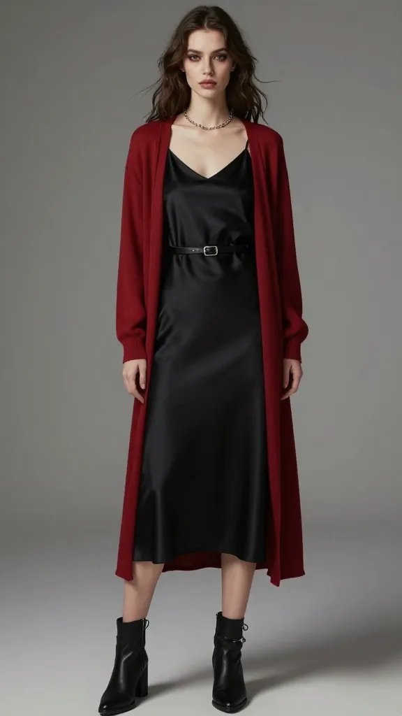 A realistic, high-quality fashion editorial portrait featuring a female model styled in a clean gothic slip dress look: a sleek black satin slip dress paired with a crimson lightweight cardigan layered over or under the dress for a modern, ethereal Gothic vibe. Include black ankle boots and a delicate chain bracelet, plus a simple leather or faux-leather belt with a minimal buckle to add structure. The styling should emphasize wearable layering for cooler weather, with a longline cardigan creating clean lines and added warmth. Pose in a softly lit studio with a moody, dreamlike atmosphere; natural makeup with a slightly smoky eye and nude lip, hair worn in loose, effortless waves. The background should be neutral&mdash;charcoal or soft gray&mdash;to keep the focus on the outfit, ensuring the look remains elevated, modern, and wearble without appearing witchy. No text on the image.