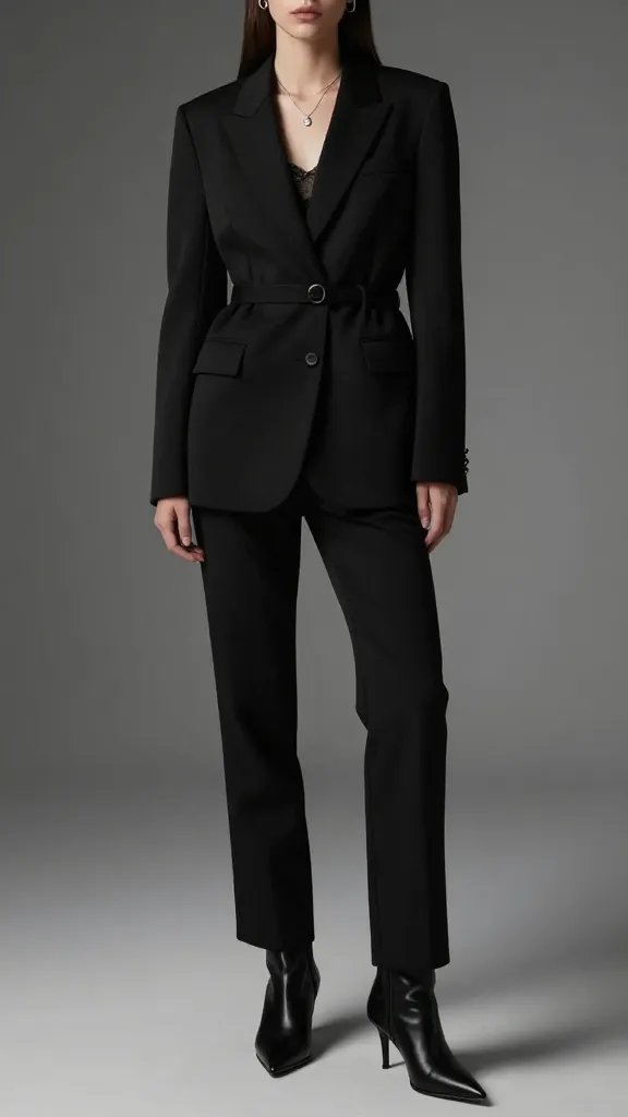 A sleek, high-fashion editorial portrait of a stylish woman in a sharp black tailoring look. The subject stands in a minimalist, moody studio with soft, directional lighting that creates subtle shadows. She wears a tailored black wool blazer with clean lines nipped in at the waist, paired with high-waisted black trousers that drape perfectly to elongate the frame. On her feet are black pointed-toe ankle boots with a slight heel. Under the blazer, a mesh or lace-trim top in a neutral shade adds texture and depth without drawing attention away from the silhouette. Accessories are minimal&mdash;thin silver jewelry (a delicate pendant or small hoops) to maintain the Gothic edge without bulk. The belt is present but understated, anchoring the look with a touch of definition at the waist. The overall mood is confident, modern, and wearable, with a clean, understated Gothic elegance suitable for a fashion editorial. The main subject is the focal point, captured in a realistic, high-quality image without text overlays.