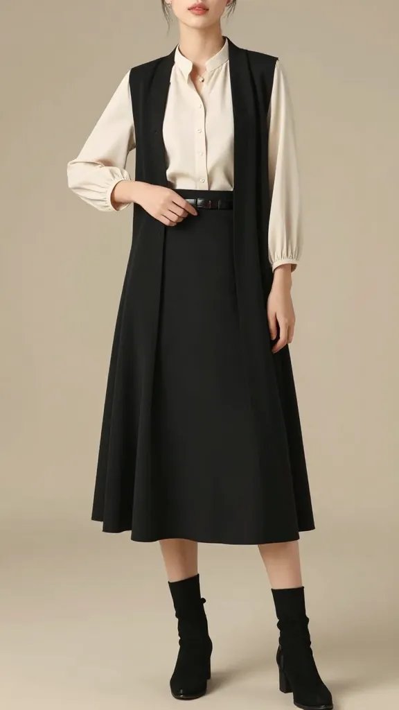 A realistic, high-quality fashion photograph of a single female subject styled in a modern Victorian-inspired layering look without frills. She stands in a softly lit studio with neutral, warm-toned backdrop. Outfit: cream or bone-colored blouse with subtle puff sleeves neatly tucked into a clean, black midi skirt with a streamlined silhouette. She wears over-the-knee black socks paired with sleek black ankle boots. A slim belt in black or dark brown cinches the waist, and a longline black cardigan or cape drapes gracefully, open at the front to maintain clean lines. Accessorize with a small pendant necklace, minimal jewelry, and no visible logos. Hair is smooth and natural, makeup is understated with a soft, porcelain base, subtle liner, and a hint of rose on the lips. The pose is poised and composed, one hand lightly resting at the waist to define the belt, the other arm relaxed by her side, ensuring the belt and skirt line are clearly visible. Lighting is soft and flattering, emphasizing the textures of the blouse and cardigan and the gentle opacity of the skirt, with a shallow depth of field that keeps the subject crisp against a subtly blurred backdrop. No text in the image.