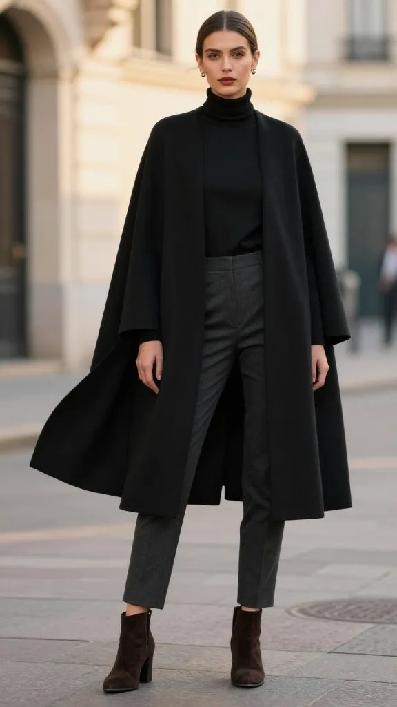 A fashion-forward female model stands in a softly lit urban street setting at golden hour, wearing a structured black cape coat that drapes dramatically to mid-thigh over a fitted black turtleneck top and tailored charcoal trousers. She pairs suede ankle boots in dark espresso with a slight heel. The look is sleek and minimalist: the cape is the hero, moving slightly with a poised, editorial sway. The model wears simple stud earrings, delicate makeup with a bold lip for contrast, and her hair is pulled into a polished low bun. The background shows subtle city architecture with shallow depth of field, ensuring the cape&rsquo;s movement and silhouette remain the focal point. No text on the image.