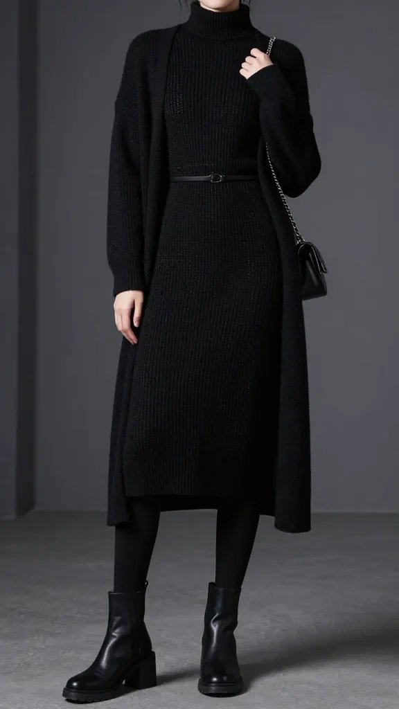 A high-resolution, editorial fashion photograph of a confident female model in a dark, moody Gothic-inspired ensemble. The outfit centers on a black knit sweater dress with subtle ribbing, cinched at the waist with a thin belt, paired with opaque black tights and chunky-heel ankle boots. A longline cardigan is draped over the shoulders for polish, and a chain-strap shoulder bag rests casually at the hip. The look is layered with a sleek black turtleneck underneath the dress for added depth and warmth. Texture variety is key: incorporate ribbed, smooth, and pointelle knit contrasts visible in the dress, cardigan, and tights. The setting is a dimly lit, minimalist urban interior with cool gray tones and soft, directional lighting to create gentle shadows and highlight the fabric textures. Pose the model in a poised, slightly angled stance to define the waist, one hand resting on the belt while the other lightly touches the chain strap. The overall mood is modern, wearable Gothic with a moody hug of elegance, no text or branding visible in the scene.