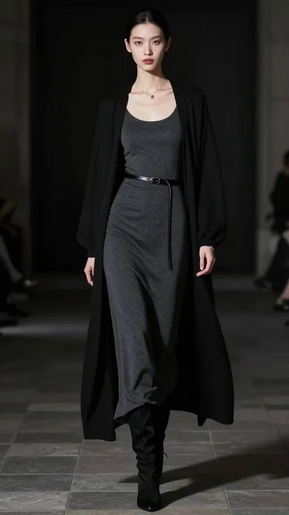 A high-resolution fashion editorial portrait of a confident model in a minimalist Gothic-inspired look: a charcoal maxi dress with a clean, uninterrupted silhouette, paired with a longline black cardigan that flows softly to mid-calf. The outfit is cinched at the waist with a slim leather belt bag to introduce subtle structure, while over-the-knee boots in matte black echo the dress&rsquo;s sleek lines. Accessories are intentionally minimal: a small pendant resting just above the neckline and a delicate cuff bracelet. The setting is a dim, moody urban interior with soft, directional lighting that highlights the elongated lines of the silhouette and creates gentle shadows along the folds of the fabric. The model stands with a fluid, elongated pose&mdash;one foot slightly in front of the other, shoulders back, gaze confidently toward the camera. The overall aesthetic is &ldquo;Gothic but wearable,&rdquo; emphasizing clean lines, restrained embellishment, and a modern, ethereal vibe suitable for an evening event. No text visible in the image.
