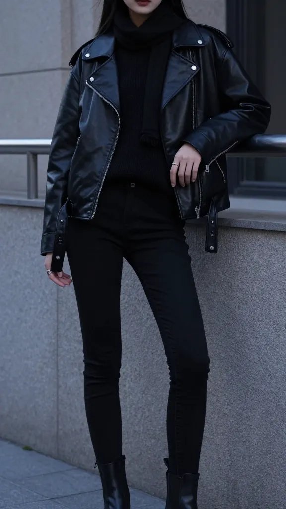 Create a high-fashion, cinematic photo of a solo female or androgynous model embodying a modern Gothic vibe in an urban setting at dusk. The subject wears a black faux-leather moto jacket over a soft black knit sweater, tucked slightly at the front for shape, paired with black skinny jeans. Complete the look with combat boots or Chelsea boots and minimal silver rings. The leather jacket should be the focal point, with the rest of the outfit kept simple and structural. Include a slim scarf subtly styled to add structure without crowding the silhouette. Pose the subject standing or leaning against a textured city wall or metallic railing, one hand lightly resting on the jacket lapel, the other near the scarf. Lighting is moody and directional, with cool tones and subtle highlights to emphasize the contrast between the matte knit and the glossy leather. The overall aesthetic is clean, edgy, and wearable&mdash;Gothic influences softened for modernity. No text on the image.