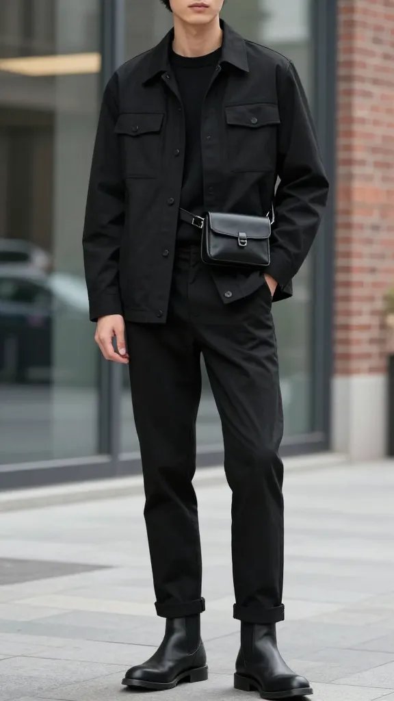 A high-resolution editorial-style photograph of a stylish, androgynous main subject posing in an urban setting during daytime with soft, diffused natural light. The subject wears an all-black utility Gothic ensemble: a structured black utility jacket with clean lines, black tapered chinos, and sleek black leather or faux-leather belt bag worn crossbody at the hip. The outfit is completed with a black ribbed crew neck sweater and matte black ankle boots with minimal hardware. The look emphasizes neat silhouettes, with careful attention to texture&mdash;matte fabrics predominating and minimal metallic hardware. The belt bag sits flat and unobtrusive to maintain a streamlined feel. The backdrop features city elements such as a modern glass facade or brick wall, suggesting travel days and city exploration. The subject&rsquo;s pose is poised yet relaxed, exuding practicality and polish, with natural makeup and a calm, confident expression. Depth of field softly blurs the background to keep the focus on the outfit, capturing a crisp, magazine-quality shot suitable for fashion photography. No text or overlays in the image.
