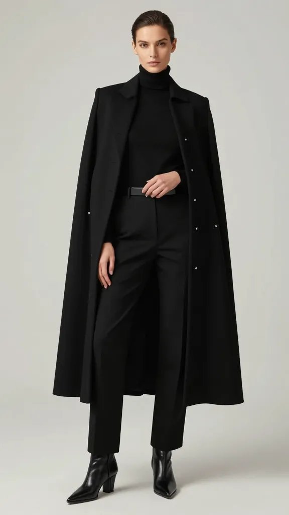 A high-fashion editorial portrait of a confident model in a couture-inspired, clean-lined black ensemble. The main subject stands in a minimalist studio with soft, diffused lighting. She wears a tailored black cape with sharp shoulders, draped naturally over a fitted black turtleneck. Black straight-leg trousers and polished pointed-toe boots complete the silhouette. A slim silver belt subtly cinches the waist, adding is structure without clutter. The look is monochrome, with subtle, minimal silver studs as the only jewelry. The cape flows elegantly, creating a refined, expensive aura even in a work-from-home setting. Pose: poised, slight contrapposto with one hand resting near the belt; gaze direct and assured at the camera. Composition: tight half-length to full-body shot, clean background, high-resolution detail on fabric textures (crepe-like cape, smooth wool/turtleneck, leather-like boots). No text, no distractions.