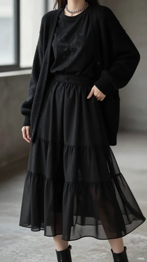 Create a high-resolution, editorial fashion photograph of a stylish individual showcasing the "Subtle Gothic Layered Tee + Skirt Ensemble" from the article. The model stands in a softly lit urban setting with a neutral concrete backdrop and a hint of moody, cinematic atmosphere. Outfit: a black graphic tee layered under a longline sheer black skirt (or a tiered midi skirt) with a robust black cardigan over it. Accessories include a chained necklace or choker and an ankle boot. The tee should peek out from under the cardigan at the waist, while the belt subtly cinches the waist to create defined, structured silhouette. The sheer skirt adds flowing movement; capture a moment where the fabric sways gently as the model shifts weight. Pose the subject with a relaxed, confident stance&mdash;one hand at the hip, the other lightly touching the cardigan edge&mdash;to emphasize texture, proportion, and layering. Lighting: soft, natural window light combined with a touch of directional side lighting to highlight the texture of the cardigan, the sheen of the sheer skirt, and the graphic tee. Color palette: deep blacks with subtle graphite tones; skin tones should read natural. Composition: mid-to-quarter-length shot framed to show both the layering detail at the torso and the movement of the skirt, with a shallow depth of field to keep the focus on the outfit and the model, while the background remains softly blurred. No text or logos on the image.