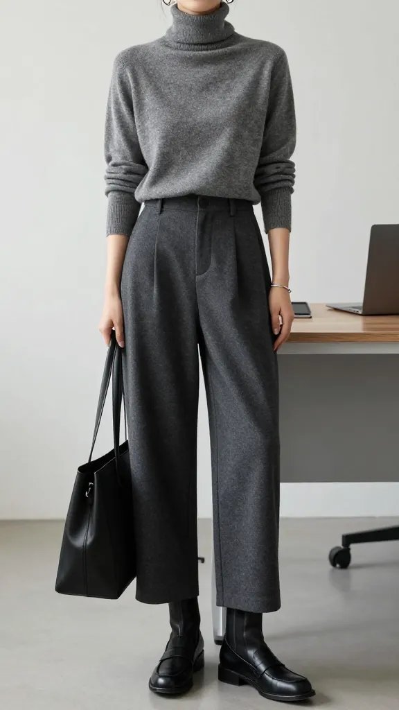 A high-resolution, fashion-forward photograph of a main subject styled in a clean gray tones Gothic-inspired outfit. The subject stands in a minimalist, modern office setting with soft natural light. They wear a slate gray turtleneck or mock neck tucked into charcoal wide-leg pants or culottes, paired with black loafers or ankle boots. Accessories include a sleek black structured tote and minimal silver jewelry (a slim bracelet and small hoop or bar earrings) to maintain a quiet, refined edge. The look emphasizes clean lines and varied textures: a soft knit top against smooth wool or leather bottoms, with the grayscale palette staying cohesive. The overall mood is moody yet polished, exuding confident sophistication suitable for the office. The subject&rsquo;s pose is poised and natural, conveying ease and elegance without text or distractions in the background.