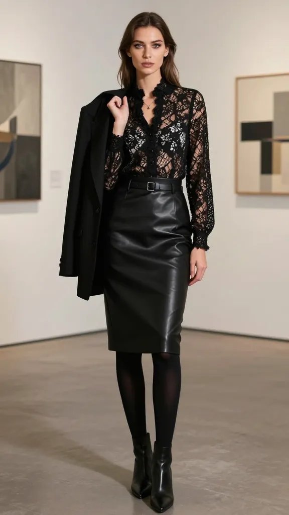 A high-quality, fashion-forward editorial portrait of a confident female model in a dimly lit, modern gallery setting. She wears a black lace blouse with intricate floral patterns, tucked into a sleek black leather pencil skirt that hits just below the knee. Black tights and pointed-toe leather boots complete the silhouette. Add a slim black belt at the waist and a tailored blazer draped over one shoulder for a toned luxe balance. Subtle, sharp makeup with neutral tones and a defined lash line, minimal jewelry aside from a delicate pendant necklace. The lighting is soft yet directional to emphasize texture: the lace, leather, and the model&rsquo;s poised stance. The background features gallery white walls with abstract artwork out of focus, creating a sophisticated, upscale casual vibe suitable for a date night or gallery visit. The overall mood is refined Gothic chic&mdash;romantic lace anchored by modern leather, with a clean, minimal aesthetic. No text on image.